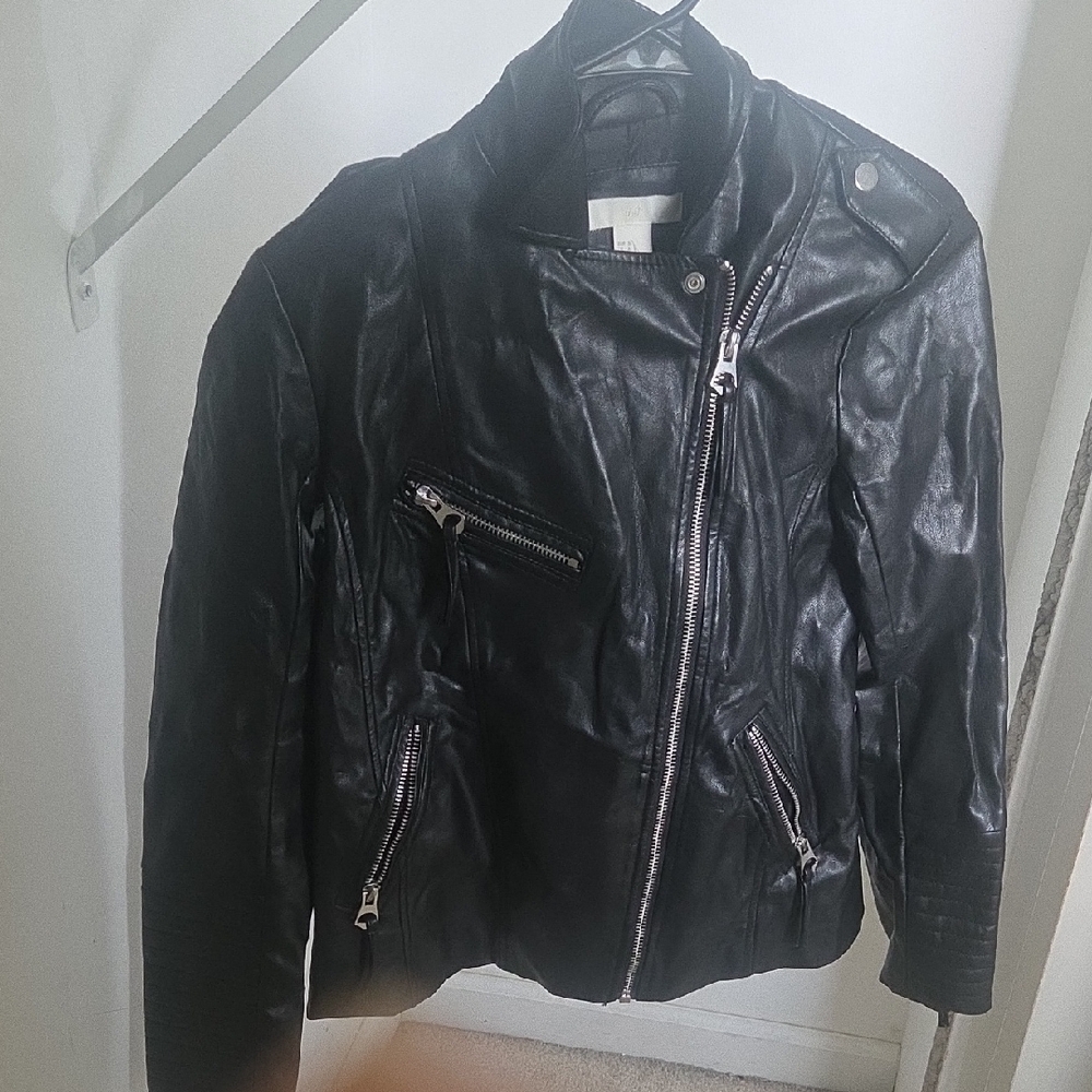 H&M Black Leather Biker Jacket with Silver Zippers